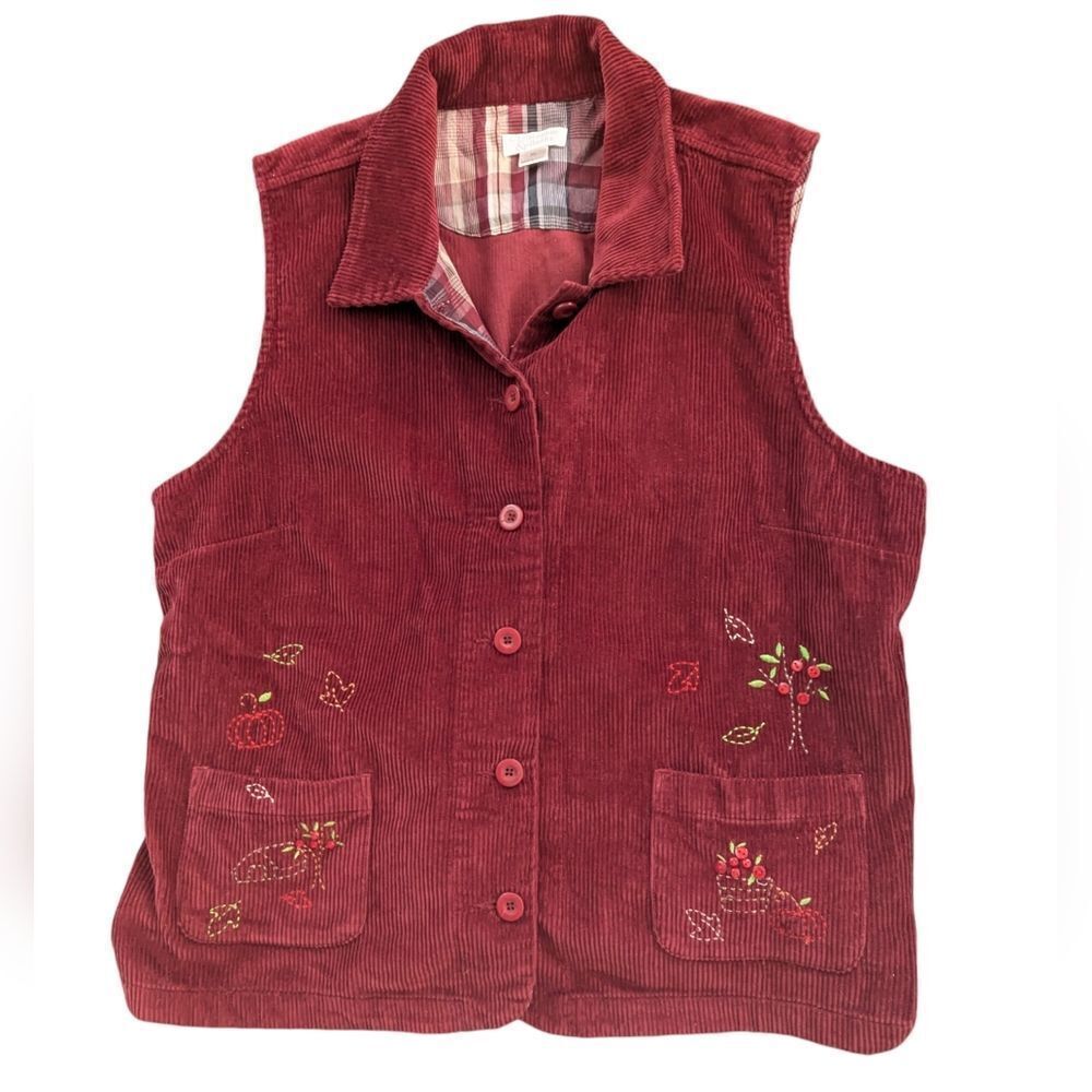 Christopher & Banks Y2K maroon corduroy embroidered vest jacket pumpkin apple